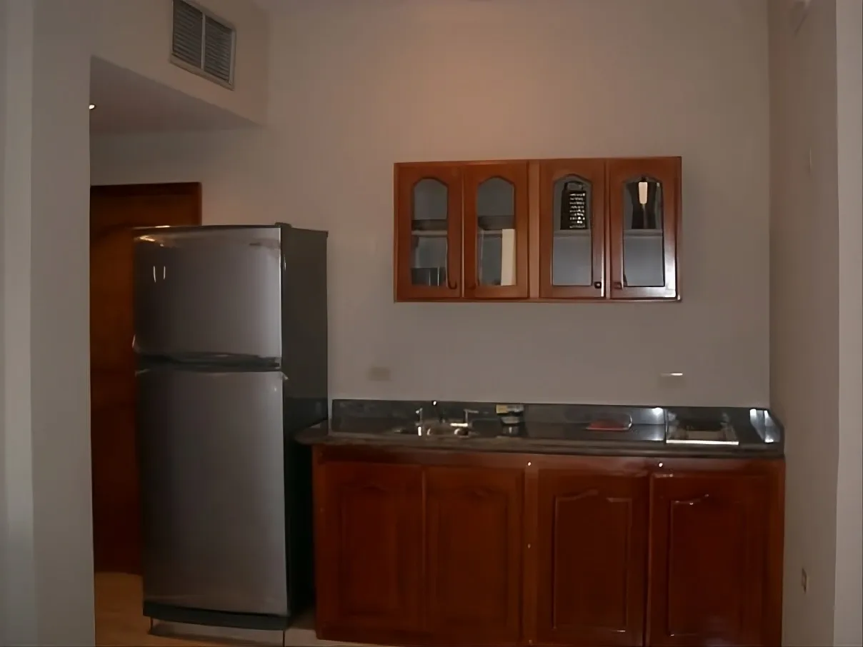 Cocina equipada con nevera y cocina eléctrica del apartamento